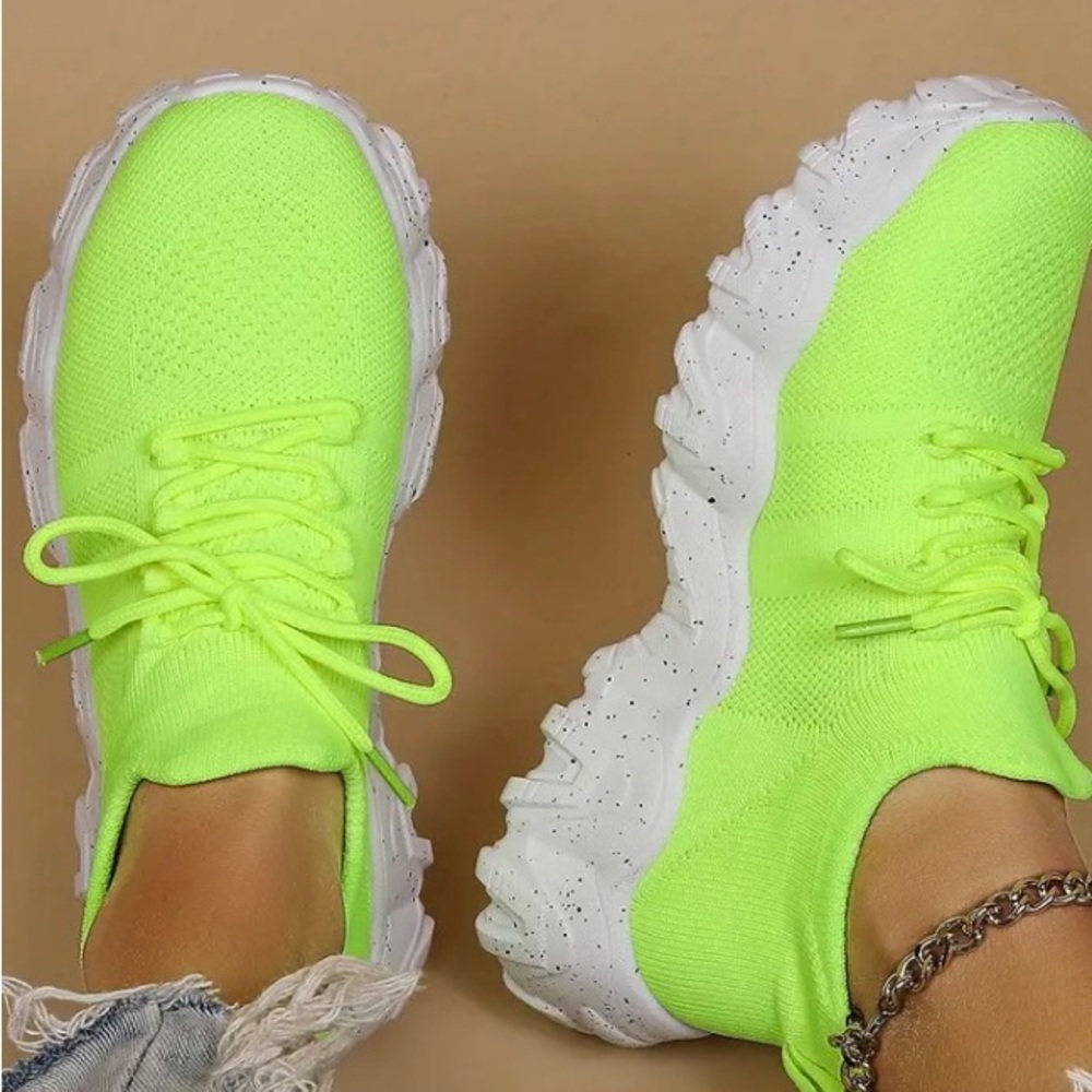 Green Chunky Platform Sneakers with Neon Appeal - Picture 6 of 6